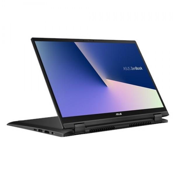 Asus ZenBook Flip 14 UX463FA laptop with a 14-inch FHD touchscreen, stylus, and sleeve in gun grey color.